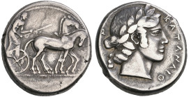 ‡ Sicily, Katana, tetradrachm, c. 450-440 BC, charioteer in slow quadriga right, holding reins and goad, rev., ΚΑΤΑΝΑΙΟ-Ν, laureate head of Apollo rig...