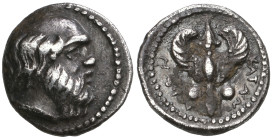 ‡ Sicily, Katana, litra, c. 413-404 BC, bare head of Silenos right, rev., ΚΑΤΑΝ-ΑΙΩΝ, winged thunderbolt, 0.84g, die axis 8.00 (BMC 45; SNG ANS 1264),...