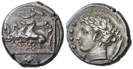 ‡ Sicily, Katana, tetradrachm, c. 410 BC, signed by Euainetos, fast quadriga left passing a turning post; above, Nike flying right holding wreath to c...