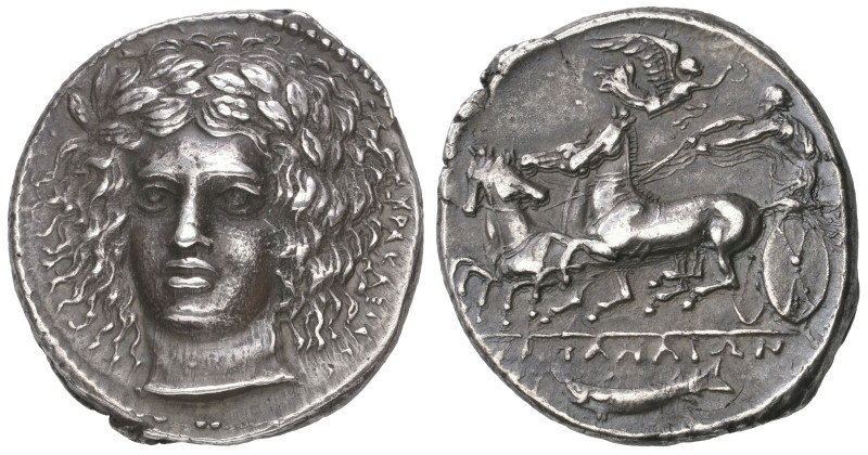‡ Sicily, Katana, tetradrachm, c. 405 BC, signed by Herakleidas, laureate head o...