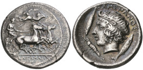 ‡ Sicily, Katana, drachm, c. 405 BC, unsigned, in the style of Euainetos, ΚΑΤΑΝΑΙΩ/Ν, fast quadriga right; above, Nike flying left to crown charioteer...