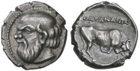 ‡ Sicily, Katana, hemidrachm, c. 400 BC, bald and bearded head of Silenos left with pointed ear, rev., ΚΑΤΑΝΑΙΩΝ, bull butting right, 2.08g, die axis ...
