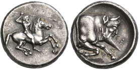 ‡ Sicily, Gela, didrachm, c. 490-475 BC, naked rider on horse galloping right with spear raised in right hand, rev., CΕ-Λ-Α, forepart of man-headed bu...