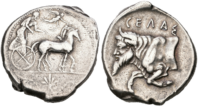 ‡ Sicily, Gela, tetradrachm, c. 450-440 BC, charioteer in slow biga right; above...