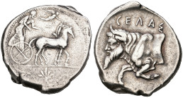 ‡ Sicily, Gela, tetradrachm, c. 450-440 BC, charioteer in slow biga right; above, Nike flying right to crown horses; in ex., palmette with tendrils, r...