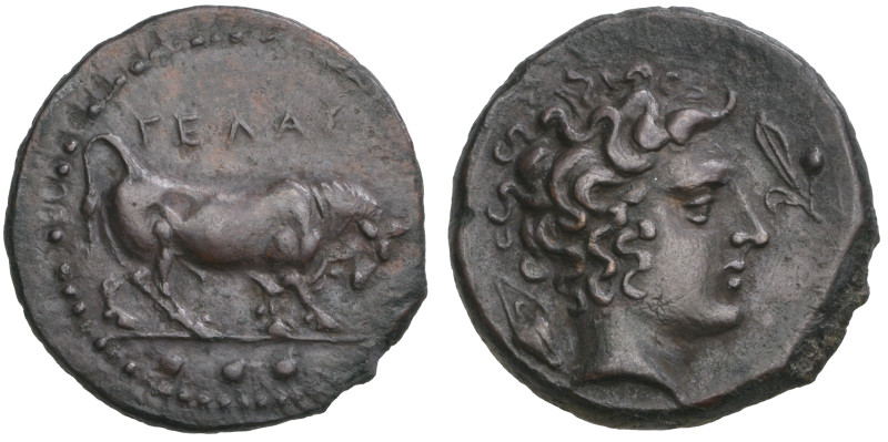 ‡ Sicily, Gela, Ae trias, c. 420-405 BC, ΓΕΛΑΣ, bull charging right; below, thre...