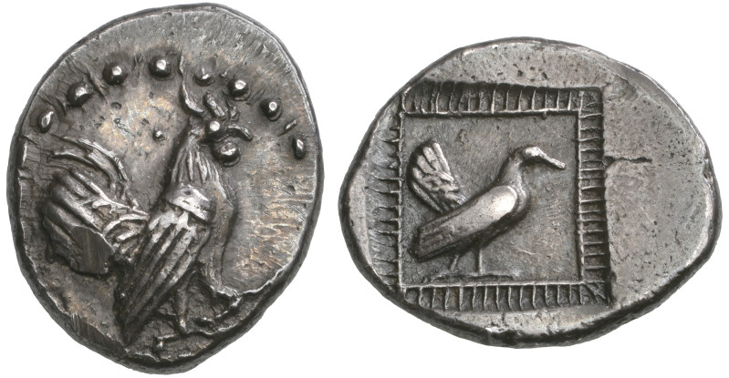 ‡ Sicily, Himera, drachm, c. 500 BC, cock standing right within bead and reel bo...