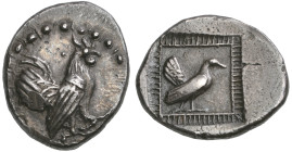 ‡ Sicily, Himera, drachm, c. 500 BC, cock standing right within bead and reel border, rev., hen right within square striated border, 5.85g, die axis 2...