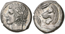 ‡ Sicily, Leontini, tetradrachm, c. 430-425 BC, laureate head of Apollo left, rev., ΛΕΟΝ-ΤΙ-ΝΟΝ, lion’s head with open jaws and tongue protruding left...