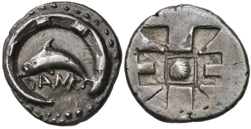 ‡ Sicily, Zankle-Messana, drachm, c. 520 BC, DΑΝΚ, dolphin swimming left within ...