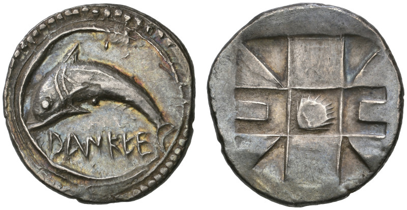 ‡ Sicily, Zankle-Messana, drachm, c. 500 BC, DΑΝΚLΕ, dolphin swimming left withi...