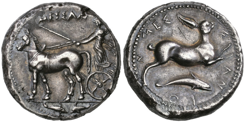 ‡ Sicily, Messana, tetradrachm, c. 420-413 BC, ΜΕΣΣΑΝ, nymph Messana in long chi...