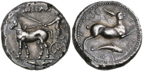 ‡ Sicily, Messana, tetradrachm, c. 420-413 BC, ΜΕΣΣΑΝ, nymph Messana in long chiton driving mule biga walking left; in ex., two dolphins nose-to-nose,...