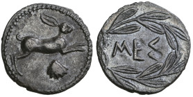 ‡ Sicily, Messana, litra, c. 420-413 BC, hare springing right; below, cockle shell, rev., ΜΕΣ within laurel wreath, 0.67g, die axis 11.00 (Caltabiano ...
