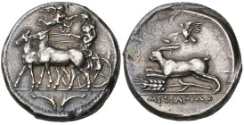 ‡ Sicily, Messana, tetradrachm, c. 412-408 BC, nymph Messana, in long chiton, driving biga of mules left; above, Nike flying right to crown charioteer...