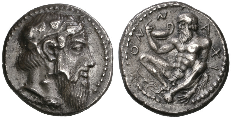 ‡ Sicily, Naxos, drachm, c. 450 BC, head of bearded Dionysos right, crowned with...