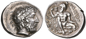 ‡ Sicily, Naxos, tetradrachm, c. 425 BC, bearded head of Dionysos right wearing an ivy-ornamented diadem, rev., ΝΑΞΙΟΝ, Silenos, nude, seated facing o...