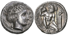 ‡ Sicily, Naxos, didrachm, c. 420 BC, ΝΑΞΙΩΝ, laureate head Apollo right; behind, laurel leaf with berry, rev., Silenos, nude, squatting facing with h...