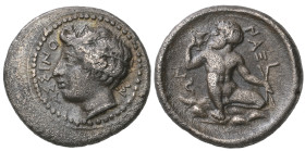 ‡ Sicily, Naxos, hemidrachm, c. 420 BC, ΑΣΣΙΝΟ-Σ, horned head of river-god Assinos left wearing wreath of parsley, rev., ΝΑΞΙ-ΩΝ, Silenos, nude, seate...