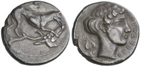 ‡ Sicily, Segesta, didrachm, c. 412-400 BC, hound standing right gnawing at stag’s head; above (mostly off flan), small female head right, rev., ΕΓΕΣΤ...