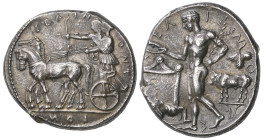 ‡ Sicily, Selinos, tetradrachm, c. 440 BC, ΣΕΛ-ΙΝ-ΟΝΤ-ΙΟΝ, slow quadriga left driven by Artemis; beside her, Apollo stands drawing his bow, rev., Σ-ΕΛ...