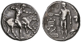 ‡ Sicily, Selinus, didrachm, c. 440 BC, Σ-Ε-ΛΙ-[ΝΟΝΤ]-ΙΟΣ, naked Herakles right, seizing horn of Cretan bull and raising club to strike, rev., ΗΥ-ΨΑΣ,...