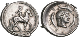 ‡ Sicily, Syracuse, didrachm, c. 485-480 BC, naked horseman riding slowly right, leading another horse, rev., ΣΥΡΑϘΟΣΙΟΝ, small head of Arethusa right...