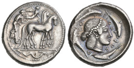 ‡ Sicily, Syracuse, tetradrachm, c. 466-460 BC, quadriga walking right, charioteer holding kentron and reins; above, Nike flying right; in ex., ketos ...