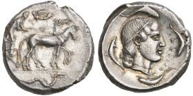 ‡ Sicily, Syracuse, tetradrachm, c. 466-460 BC, quadriga walking right with Nike flying left with wreath; in ex., ketos swimming right, rev., ΣΥRΑΚΟΣΙ...