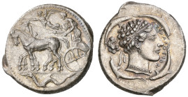 ‡ Sicily, Syracuse, tetradrachm, c. 440-430 BC, slow quadriga driven left, charioteer holding kentron and reins; above, Nike flying left to crown hors...