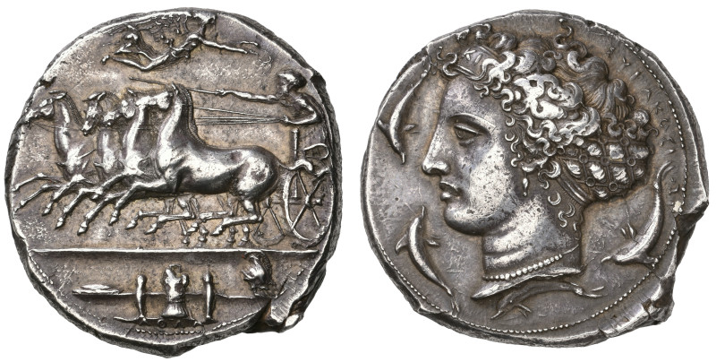 ‡ Sicily, Syracuse, dekadrachm, c. 405 BC, signed by Kimon, fast quadriga driven...