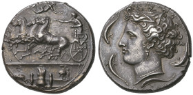 ‡ Sicily, Syracuse, dekadrachm, c. 400 BC, signed by Euainetos, fast quadriga driven left by female charioteer; above, Nike flies right with wreath to...