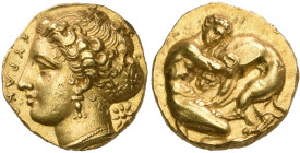 ‡ Sicily, Syracuse, gold 100 litrai, c. 400 BC, ΣΥΡΑΚΟ[ΣΙΟ], head Arethusa left with hair in star-decorated sphendone, wearing triple-pendant earring ...