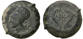 ‡ Sicily, Syracuse, Ae drachm, c. 380 BC, [ΣΥΡΑ], head of Athena left wearing olive-wreathed Corinthian helmet, rev., sea star between two dolphins, 3...