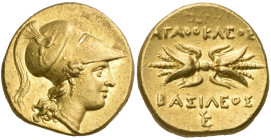 ‡ Sicily, Syracuse, Agathokles (317-289 BC), 100 litrai, c. 295 BC, head of Athena right wearing Corinthian helmet decorated with griffin, rev., ΑΓΑΘΟ...
