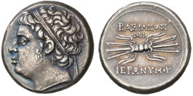 ‡ Sicily, Syracuse, Hieronymos (215-214 BC), 5 litrai, diademed head left, rev., ΒΑΣΙΛΕΟΣ / ΙΕΡΩΝΥΜΟΥ, winged thunderbolt; above, ΜΙ, 4.20g, die axis ...