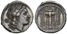 ‡ Sicily, Tauromenion, 4 litrai, c. 310-280 BC, laureate head of Apollo right; behind, star, rev., ΤΑΥΡΟΜΕ/ΝΙΤΑΝ, tripod; in field left, ΑΡΙ in monogr...