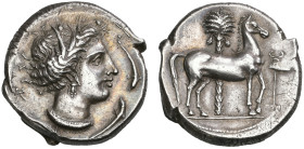 ‡ Sicily, Siculo-Punic, Entella (?), tetradrachm, c. 350-320 BC, head of Tanit right, wearing wreath of corn; behind head, sign of Tanit; around, thre...
