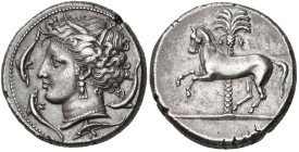 ‡ Sicily, Siculo-Punic, Entella (?), tetradrachm, c. 320-300 BC, wreathed head of Tanit-Persephone left wearing triple-drop earring and necklace; arou...