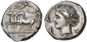 ‡ Siculo-Punic, Panormos, tetradrachm, 350-320 BC, fast quadriga driven left by charioteer holding goad; above, Nike flying right with wreath; to left...