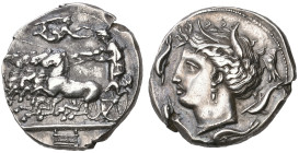 ‡ Sicily, Siculo-Punic, Thermai Himeraiai, tetradrachm, c. 350-330 BC, fast quadriga driven left by female charioteer; above, Nike flying right to cro...
