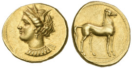 ‡ Zeugitana, Carthage, gold stater, c. 350-320 BC, head of Tanit left, her hair wreathed with barley, wearing earring and multi-pendant necklace, rev....