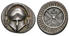 ‡ Black Sea area, Messembria, diobol, 4th century BC, crested Corinthian helmet, rev., ΜΕΤΑ in the quarters of a wheel, 1.27g (SNG BM 268-271; SNG Sta...