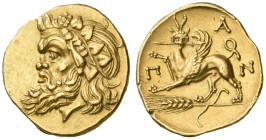 ‡ Black Sea area, Panticapaeum, gold stater, c. 325-300 BC, bearded head of Pan left, wearing ivy wreath, rev., ΠΑΝ, griffin standing left on ear of b...