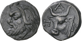 ‡ Black Sea area, Panticapaeum, Ae 20mm, c. 300-250 BC, bearded head of Pan left, rev., ΠΑΝ, bull’s head facing three-quarters left, 4.00g, die axis 6...