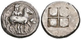 ‡ Thraco-Macedonian, The Bisaltai, tristater, c. 480 BC, CI-ΣΑ-ΛΤΙΚΩ, horseman wearing petasos and carrying two spears standing on the far side of a h...