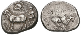 ‡ Thraco-Macedonian, The Derrones, tetrastater, c. 470 BC, ΔΕΡΟΝ (retrograde), ox-cart driven left by teamster wearing petasos and holding whip; above...