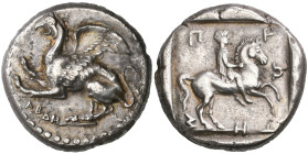 ‡ Thrace, Abdera, stater, c. 411-395 BC, ΑΒΔΗ, griffin standing left with forepaws raised, rev., ΠΡ-Ω-ΤΗΣ, horseman dressed in chlamys riding to right...