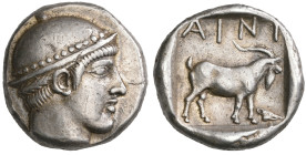 ‡ Thrace, Ainos, tetradrachm, c. 465 BC, head of Hermes right wearing petasos with beaded rim, rev., ΑΙΝΙ, goat standing right; in right field, boar’s...