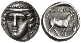 ‡ Thrace, Ainos, diobol, c. 400 BC, head of Hermes facing three-quarters left wearing petasos, rev., AINI, goat standing right; in right field, ear of...